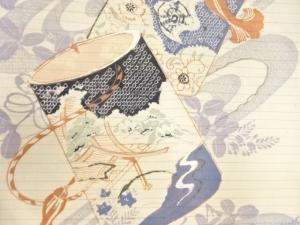 アンティーク　絽　桶に屋敷風景・千鳥模様刺繍名古屋帯